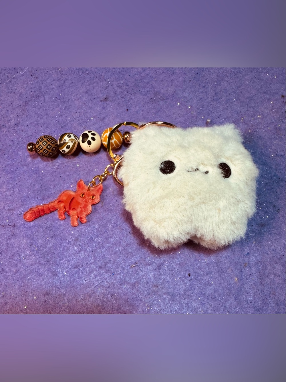 Plush White kawaii cat Keychain with red kitty Charm